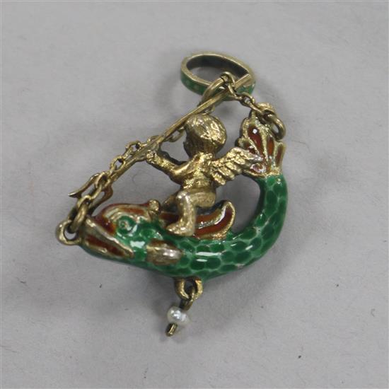 A 19th century Austro-Hungarian? enamelled and seed pear set pendant, modelled as a cupid upon a dolphin, 27mm.